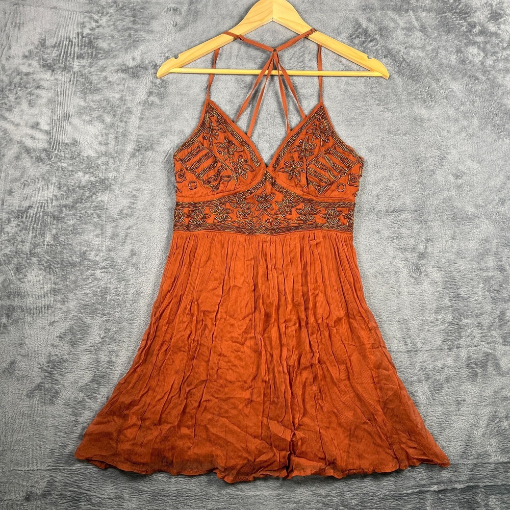 Vintage Hollister Babydoll Mini Dress Womens 7 Burnt Orange Beaded V Neck Y2K